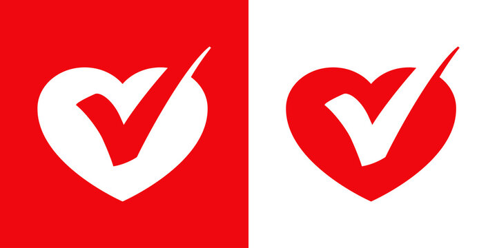 Logo buena salud. Icono con coraz&oacute;n como casilla de verificaci&oacute;n con checkmark en fondo fojo y fondo blanco