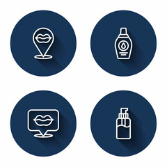 Set line Smiling lips, Bottle of shampoo, and liquid soap with long shadow. Blue circle button. Vector