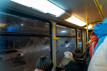 inside on city public tram transport