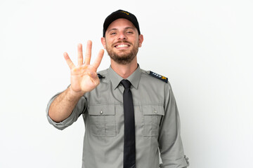 Young security Brazilian man isolated on white background happy and counting four with fingers