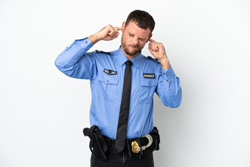 Young police Brazilian man isolated  on white background frustrated and covering ears