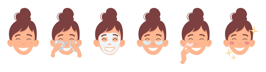 Girl take care about her face. Step by Step Instruction for facial care. Set of flat vector illustration on a white background.