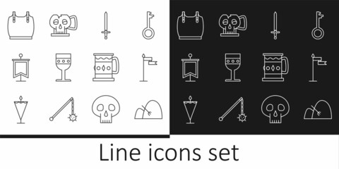Set line Bale of hay and rake, Medieval flag, sword, goblet, Body armor, Wooden mug and Cup from the skull icon. Vector