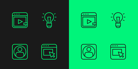 Set line Advertising, Create account screen, Video advertising and Light bulb icon. Vector