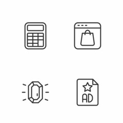 Set line Advertising, Diamond, Calculator and Online shopping screen icon. Vector