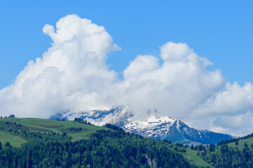 Mont Joly and Col de Voza in the Mont Blanc Massif in Europe, France, the Alps, towards Chamonix, in summer on a sunny day.