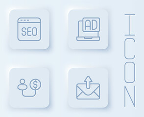 Set line SEO optimization, Advertising, Human and money and Mail e-mail. White square button. Vector