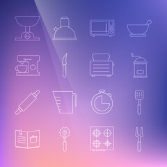 Set line Barbecue fork, Spatula, Manual coffee grinder, Microwave oven, Knife, Electric mixer, Electronic scales and Toaster with toasts icon. Vector