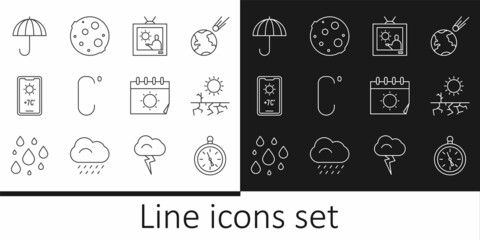 Set line Compass, Drought, Weather forecast, Celsius, Umbrella, Calendar and sun and Moon icon. Vector