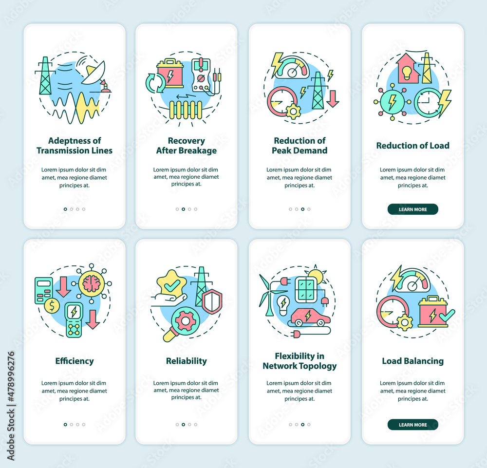 Aufkleber smart grid onboarding mobile app screen set. electric power walkthrough 4 steps graphic instructions