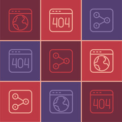 Set line Worldwide, Share and Page with 404 error icon. Vector
