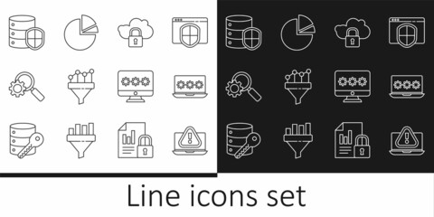 Set line Laptop with exclamation mark, password, Cloud computing lock, Sales funnel chart, Magnifying glass and gear, Server shield, Monitor and Pie infographic icon. Vector