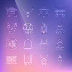 Set line Monk, Buddhist monk, Hands in praying position, Star of David, Pentagram circle, Japan Gate and Jainism or Jain Dharma icon. Vector