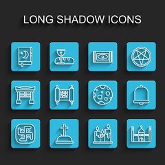 Set line Jainism, Tombstone with cross, Holy book of Koran, Burning candles, Muslim Mosque, Decree, paper, parchment, scroll, Church bell and Moon icon. Vector