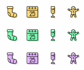 Set line Glass of champagne, Christmas stocking, day calendar and Holiday gingerbread man cookie icon. Vector