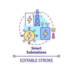 Smart substations concept icon. Integrate intelligent grids abstract idea thin line illustration. Isolated outline drawing. Editable stroke. Roboto-Medium, Myriad Pro-Bold fonts used