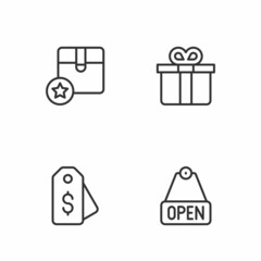 Set line Hanging sign with text Open, Price tag dollar, Carton cardboard box and Gift icon. Vector