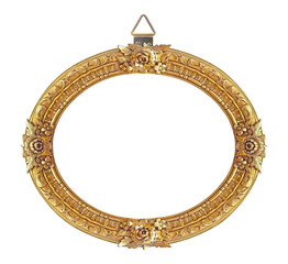 Golden oval frame for paintings, mirrors or photo isolated on white background