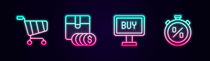 Set line Shopping cart, Item price tag with dollar, Buy button and Stopwatch percent discount. Glowing neon icon. Vector