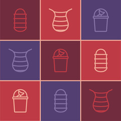 Set line Fishing net, bucket with fish and icon. Vector