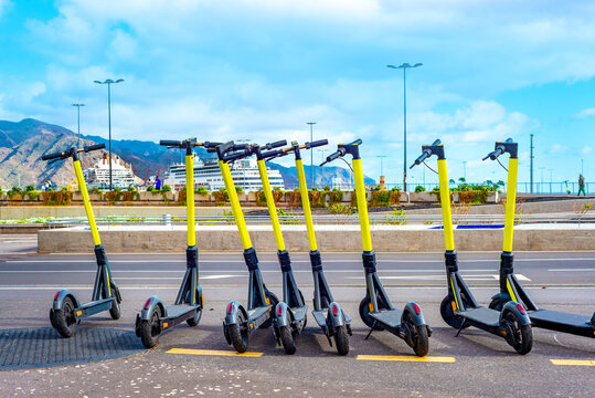 Electric Scooters In The Port Of Santa Cruz De Tenerife On A Sunny Day. Canary Islands.