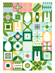Geometric illustration for Easter holidays with simple flat bunnies and neo geometry pattern. Modern geometric abstract style. Vector composition for Easter and spring