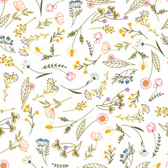 Seamless pattern with doodle flowers. Line art plants for prints, textiles and gift paper. Vector Wild flowers