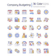 Company budgeting RGB color icons set. Financial plan for business. Expenses, income. Isolated vector illustrations. Simple filled line drawings collection. Editable stroke. Quicksand-Light font used