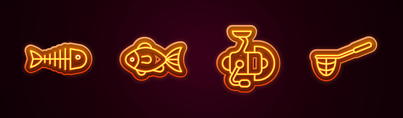Set line Fish skeleton, Spinning reel for fishing and Fishing net. Glowing neon icon. Vector