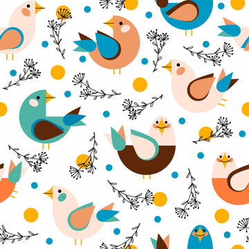 Seamless pattern with geometric minimalistic birds, line art flowers and colored circles. Vector cartoon birds