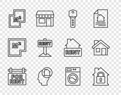 Set line Hanging sign with For Rent, House under protection, key, Man dreaming about buying house, plan, Washer and icon. Vector