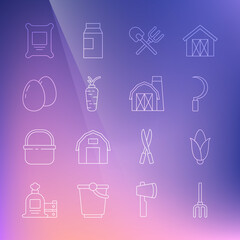 Set line Garden pitchfork, Corn, Sickle, Shovel and rake, Carrot, Chicken egg, Fertilizer bag and Farm house icon. Vector