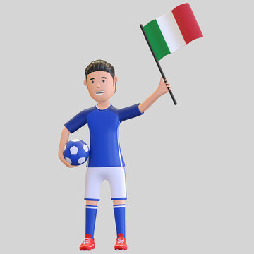 Italy national football player character man holding ball and country flag 3d render illustration