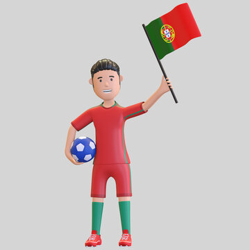 portugal national football player character man holding ball and country flag 3d render illustration