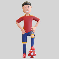 spain national football player character man standing with ball under his foot 3d render illustration