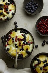 Breakfast bowl of yogurt, bananas, blue berries and pomegranate on a grey surface.  A spoon sits in one of the bowls.  Smaller bowls of blueberries and pomegranate sit to the side.  