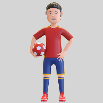spain national football player character man holding ball in arm 3d render illustration