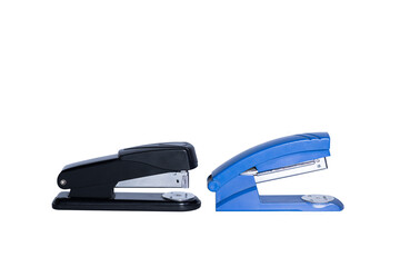 Blue and black handy staplers isolated on white background