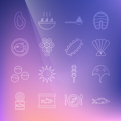 Set line Fish, Stingray, Scallop sea shell, Caviar on spoon, Puffer fish plate, Mussel and Sea cucumber icon. Vector