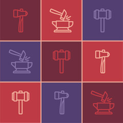 Set line Hammer, Sledgehammer and Anvil and icon. Vector
