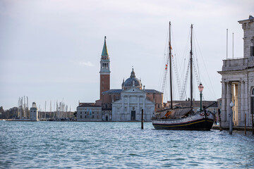 Island murano in Venice Italy. View on canal with boat and motorboat water. Picturesque landscape.