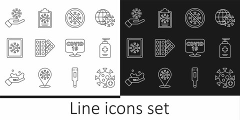 Set line Positive virus, Liquid antibacterial soap, Stop, Pills in blister pack, Virus statistics on monitor, Hand with, Corona location and Clipboard blood test results icon. Vector