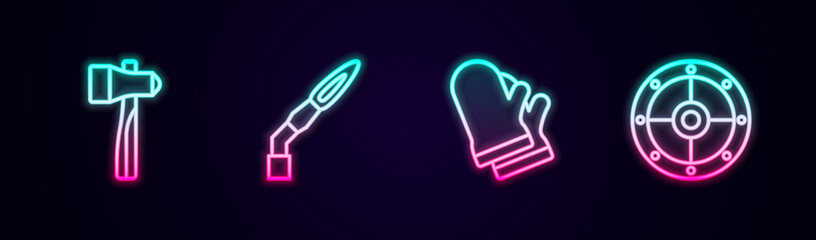 Set line Hammer, Welding torch, Protective gloves and Round shield. Glowing neon icon. Vector