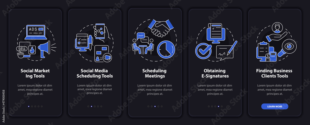 Poster marketing tools types night mode onboarding mobile app screen. walkthrough 5 steps graphic instructi