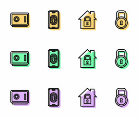 Set line House under protection, Safe, Mobile with fingerprint scanner and Lock icon. Vector