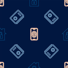 Set line House under protection, Safe and Mobile with fingerprint scanner on seamless pattern. Vector