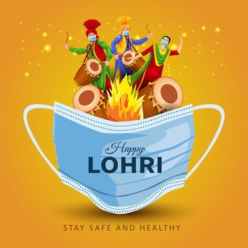 Happy Lohri Festival Of Punjab India Background. Vector Illustration Of Couple Playing Lohri Dance. Covid-19, Coronavirus Concept Banner Design.