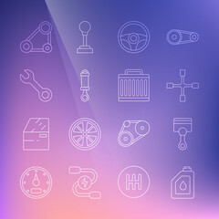 Set line Canister for motor oil, Engine piston, Wheel wrench, Steering wheel, Shock absorber, Wrench spanner, Timing belt kit and Car radiator cooling system icon. Vector