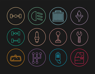 Set line Car door, Wrench spanner, radiator cooling system, spark plug, Chassis car, Gear shifter and High beam icon. Vector