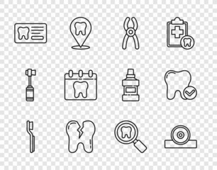 Set line Toothbrush, Otolaryngological head reflector, Dental pliers, Broken tooth, card, Calendar with, search and whitening concept icon. Vector